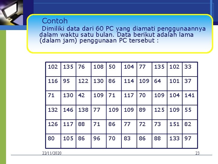 Contoh Dimiliki data dari 60 PC yang diamati penggunaannya dalam waktu satu bulan. Data