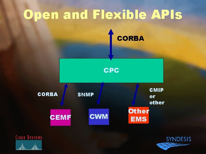 Open and Flexible APIs CORBA CPC CORBA CEMF CMIP or other SNMP CWM Other