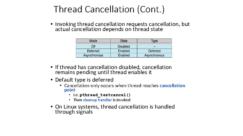 Thread Cancellation (Cont. ) • Invoking thread cancellation requests cancellation, but actual cancellation depends