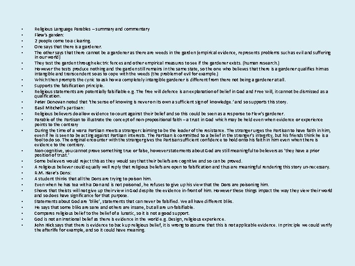  • • • • • • • Religious Language Parables – summary and