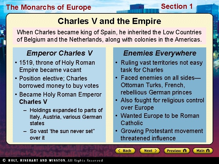 The Monarchs of Europe Section 1 Charles V and the Empire When Charles became