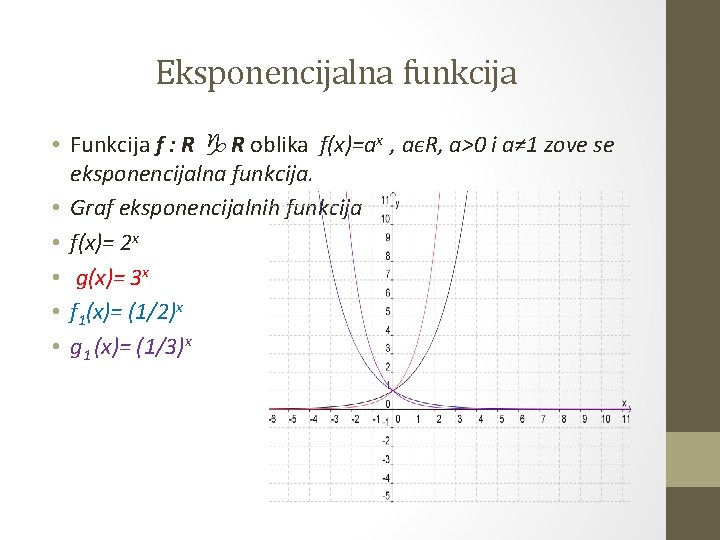 Eksponencijalna funkcija • Funkcija f : R R oblika f(x)=ax , aєR, a>0 i