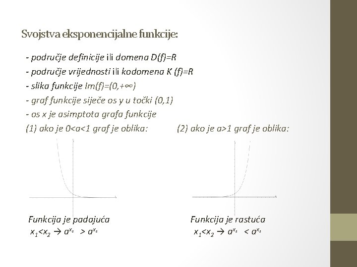 Svojstva eksponencijalne funkcije: - područje definicije ili domena D(f)=R - područje vrijednosti ili kodomena