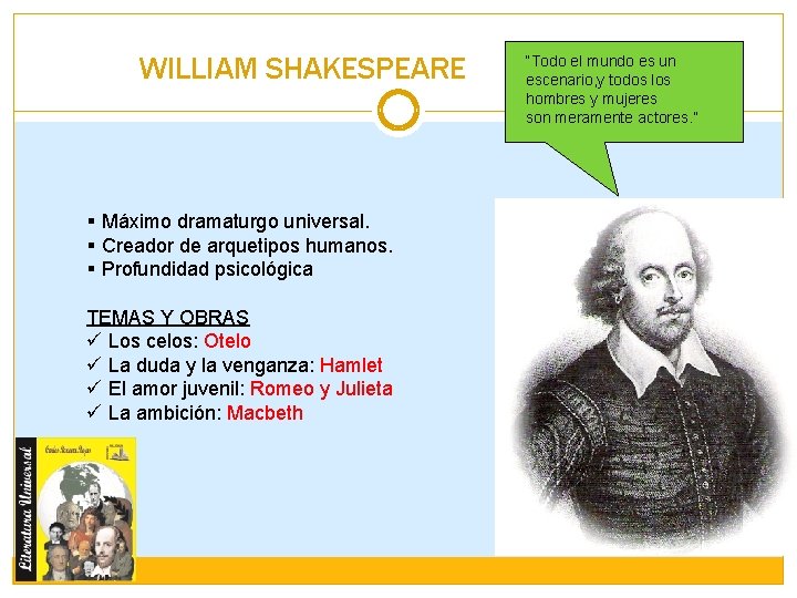 WILLIAM SHAKESPEARE § Máximo dramaturgo universal. § Creador de arquetipos humanos. § Profundidad psicológica