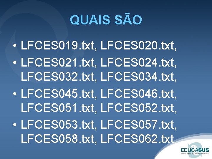 QUAIS SÃO • LFCES 019. txt, LFCES 020. txt, • LFCES 021. txt, LFCES