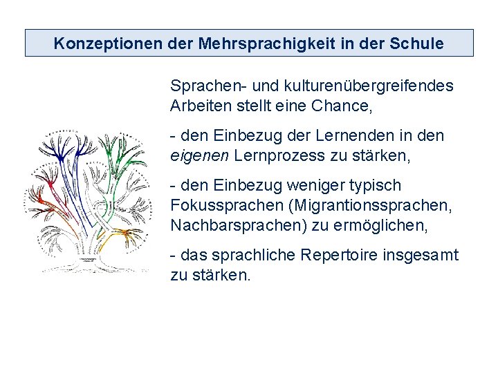 Konzeptionen der Mehrsprachigkeit in der Schule Sprachen- und kulturenübergreifendes Arbeiten stellt eine Chance, -