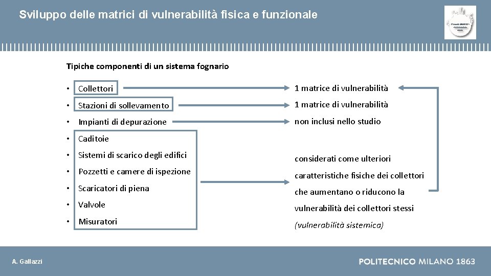 Sviluppo delle matrici di vulnerabilità fisica e funzionale Tipiche componenti di un sistema fognario