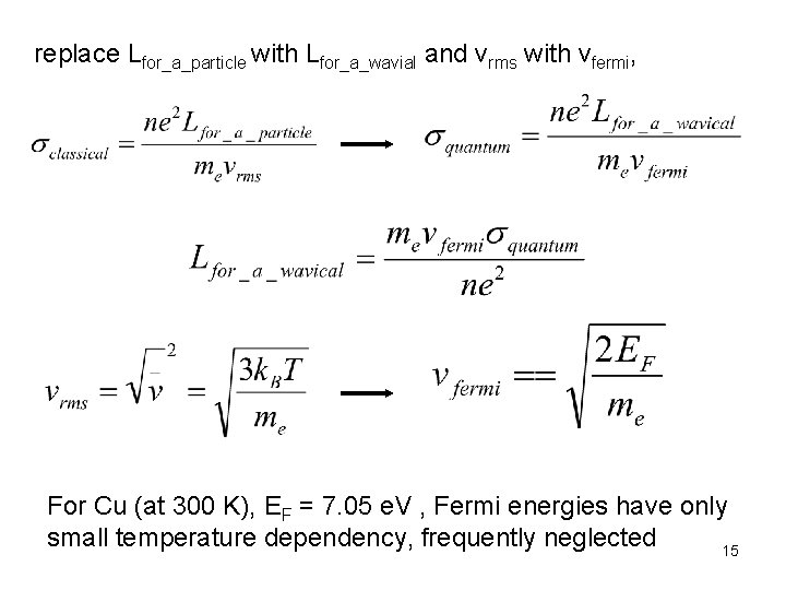 replace Lfor_a_particle with Lfor_a_wavial and vrms with vfermi, For Cu (at 300 K), EF
