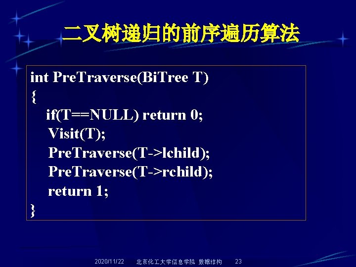 二叉树递归的前序遍历算法 int Pre. Traverse(Bi. Tree T) { if(T==NULL) return 0; Visit(T); Pre. Traverse(T->lchild); Pre.