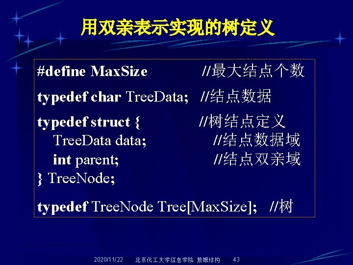 用双亲表示实现的树定义 #define Max. Size //最大结点个数 typedef char Tree. Data; //结点数据 typedef struct { //树结点定义