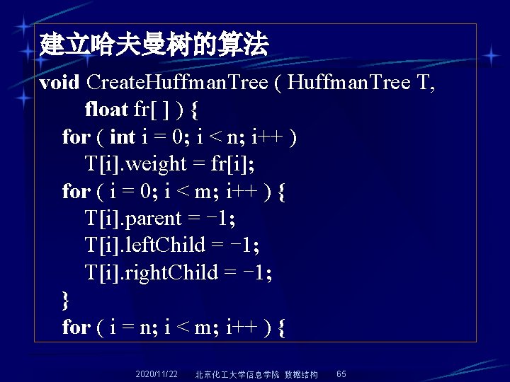 建立哈夫曼树的算法 void Create. Huffman. Tree ( Huffman. Tree T, float fr[ ] ) {