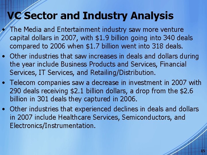 VC Sector and Industry Analysis • The Media and Entertainment industry saw more venture