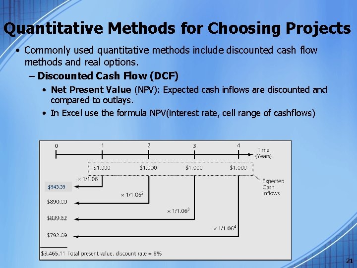 Quantitative Methods for Choosing Projects • Commonly used quantitative methods include discounted cash flow