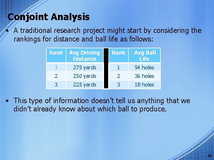 Conjoint Analysis • A traditional research project might start by considering the rankings for