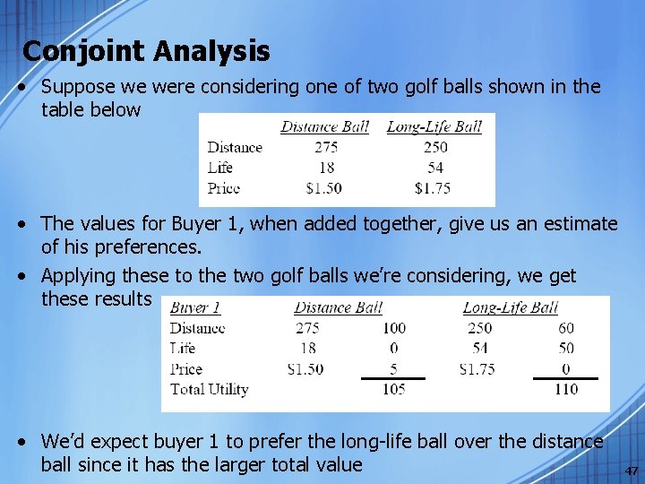 Conjoint Analysis • Suppose we were considering one of two golf balls shown in