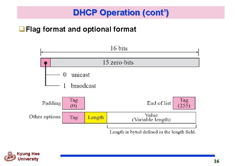 DHCP Operation (cont’) q. Flag format and optional format Kyung Hee University 16 