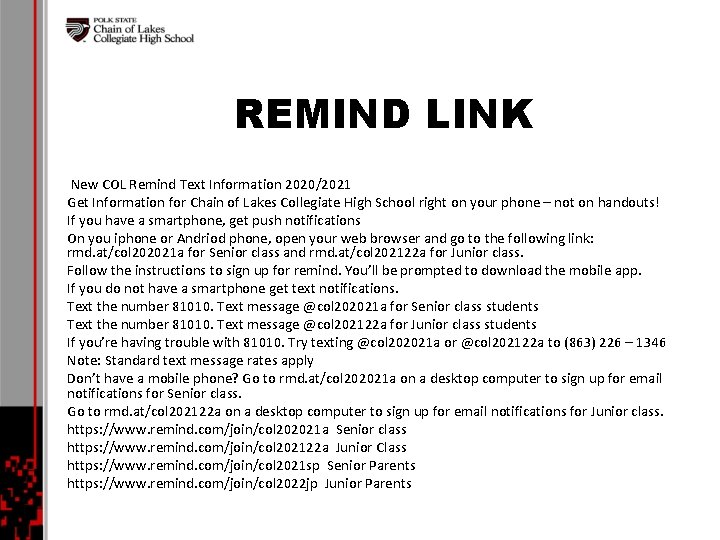 REMIND LINK New COL Remind Text Information 2020/2021 Get Information for Chain of Lakes