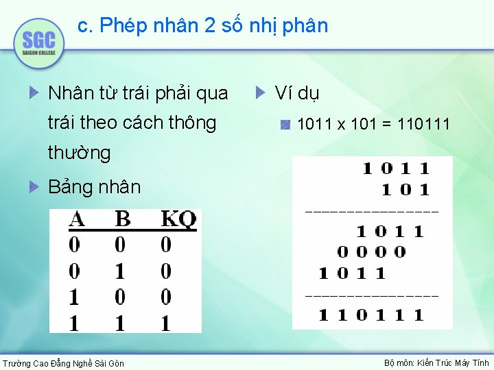 c. Phép nhân 2 số nhị phân Nhân từ trái phải qua trái theo