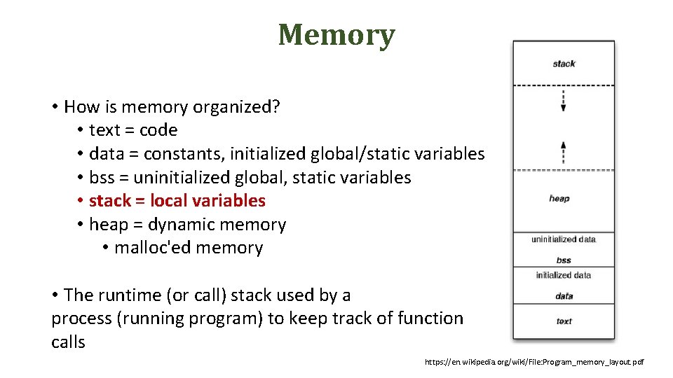 Memory • How is memory organized? • text = code • data = constants,