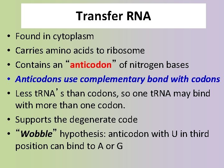 Transfer RNA Found in cytoplasm Carries amino acids to ribosome Contains an “anticodon” of