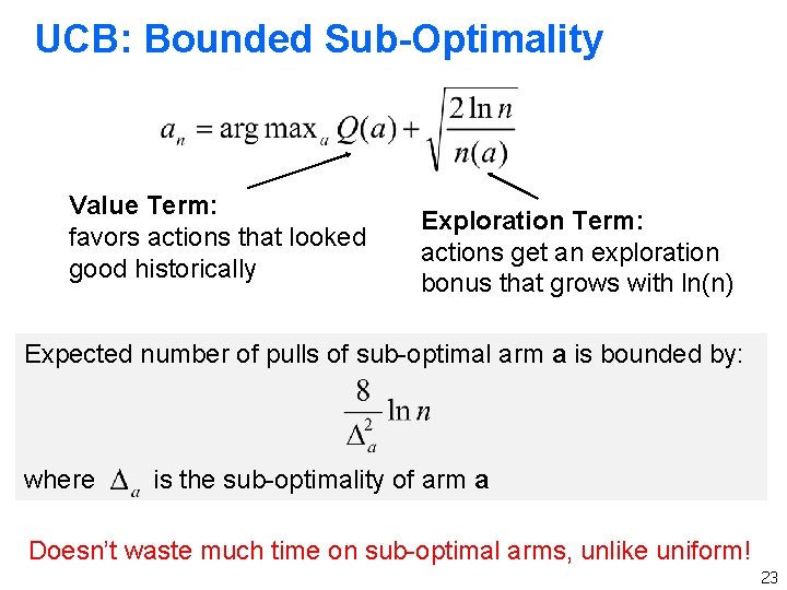 UCB: Bounded Sub-Optimality Value Term: favors actions that looked good historically Exploration Term: actions