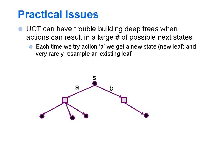 Practical Issues UCT can have trouble building deep trees when actions can result in