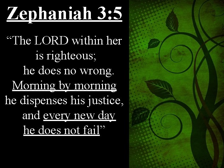 Zephaniah 3: 5 “The LORD within her is righteous; he does no wrong. Morning