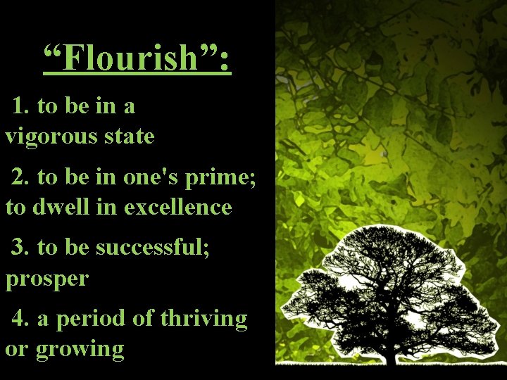 “Flourish”: 1. to be in a vigorous state 2. to be in one's prime;