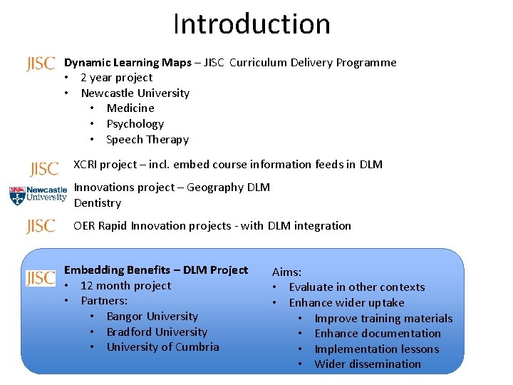 Introduction Dynamic Learning Maps – JISC Curriculum Delivery Programme • 2 year project •