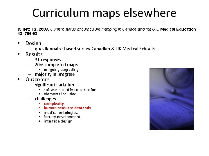 Curriculum maps elsewhere Willett TG, 2008. Current status of curriculum mapping in Canada and