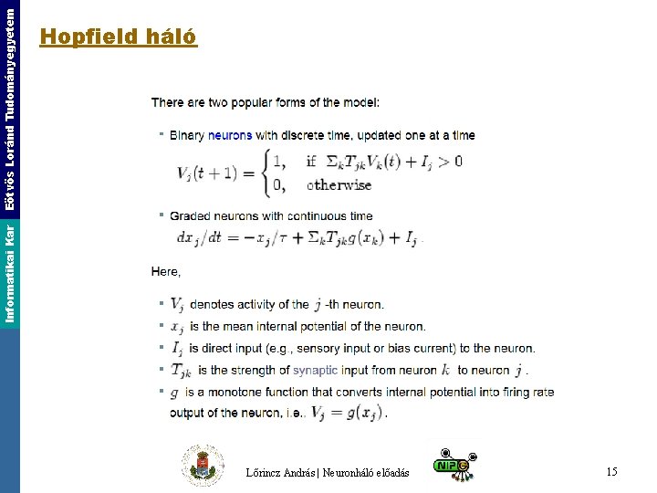 Eötvös Loránd Tudományegyetem Informatikai Kar Hopfield háló Lőrincz András | Neuronháló előadás 15 