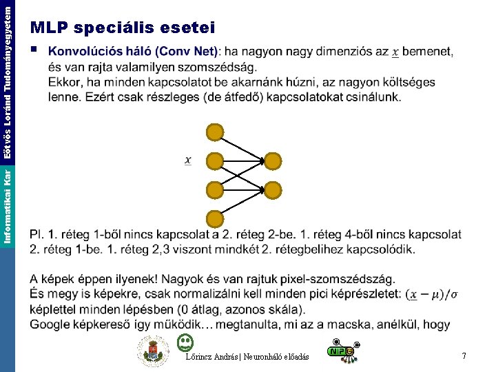 § Informatikai Kar Eötvös Loránd Tudományegyetem MLP speciális esetei Lőrincz András | Neuronháló előadás