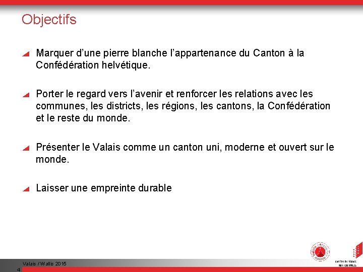 Objectifs Marquer d’une pierre blanche l’appartenance du Canton à la Confédération helvétique. Porter le