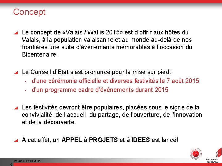 Concept Le concept de «Valais / Wallis 2015» est d’offrir aux hôtes du Valais,