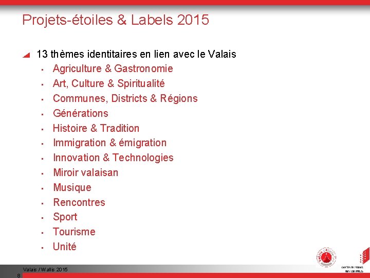 Projets-étoiles & Labels 2015 13 thèmes identitaires en lien avec le Valais • Agriculture