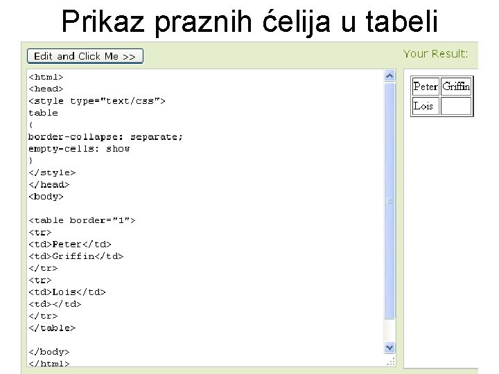 Prikaz praznih ćelija u tabeli 