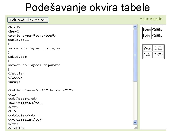 Podešavanje okvira tabele 