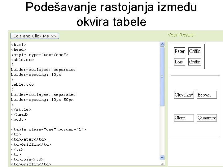 Podešavanje rastojanja između okvira tabele 