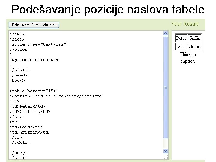 Podešavanje pozicije naslova tabele 