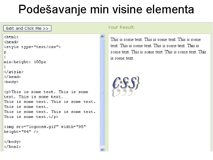 Podešavanje min visine elementa 