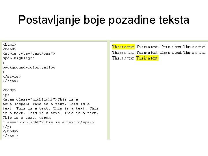 Postavljanje boje pozadine teksta 