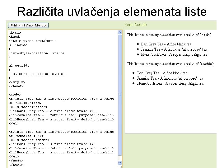 Različita uvlačenja elemenata liste 