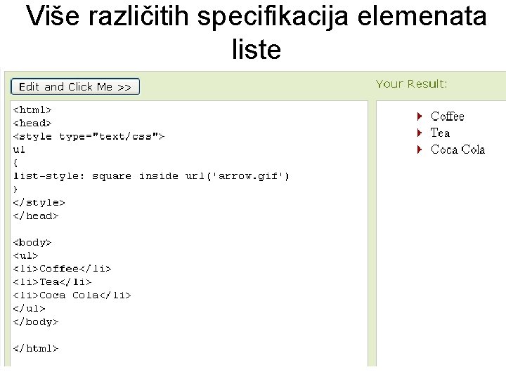 Više različitih specifikacija elemenata liste 