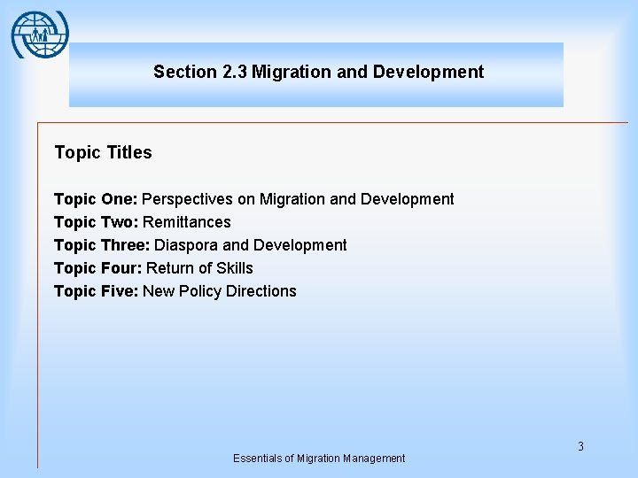 Section 2. 3 Migration and Development Topic Titles Topic One: Perspectives on Migration and