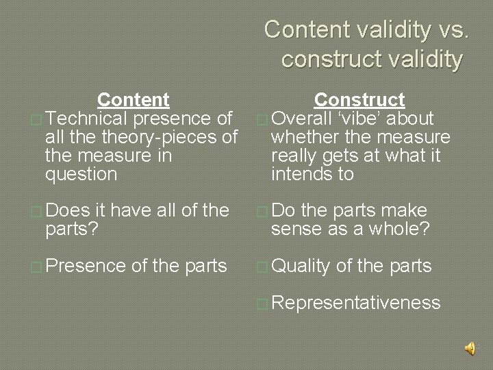 Content validity vs. construct validity Content � Technical presence of all theory-pieces of the