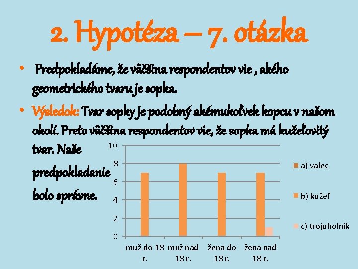 2. Hypotéza – 7. otázka • Predpokladáme, že väčšina respondentov vie , akého geometrického 2. Hypotéza – 7. otázka • Predpokladáme, že väčšina respondentov vie , akého geometrického