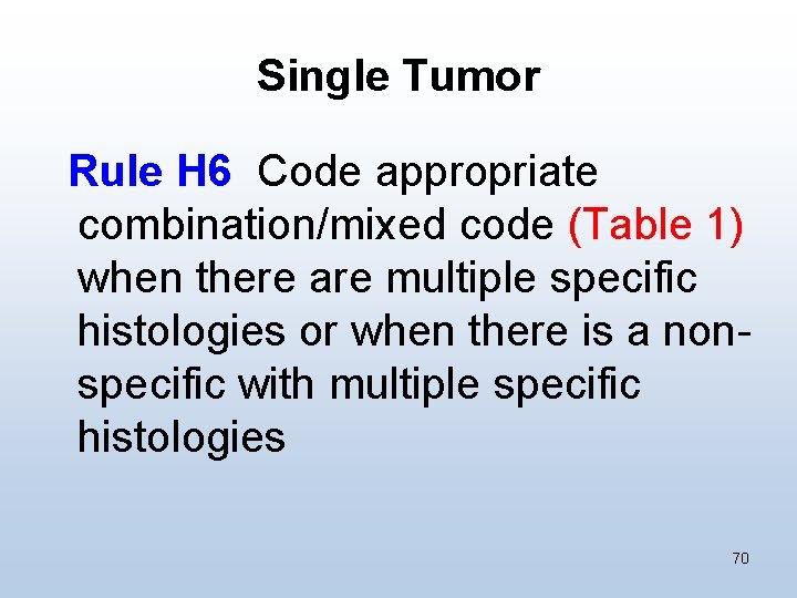 Single Tumor Rule H 6 Code appropriate combination/mixed code (Table 1) when there are