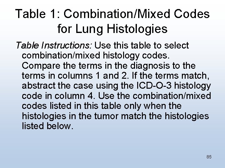 Table 1: Combination/Mixed Codes for Lung Histologies Table Instructions: Use this table to select