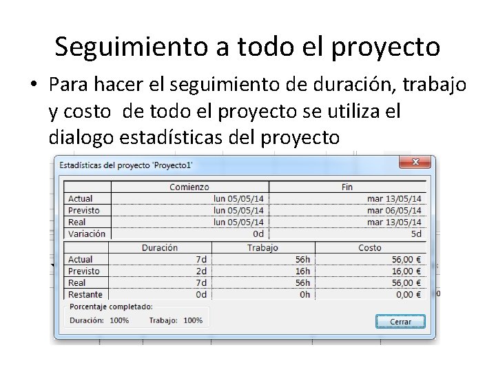 Seguimiento a todo el proyecto • Para hacer el seguimiento de duración, trabajo y