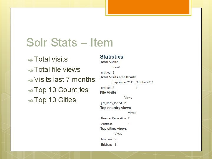 Solr Stats – Item Total visits Total file views Visits last 7 months Top